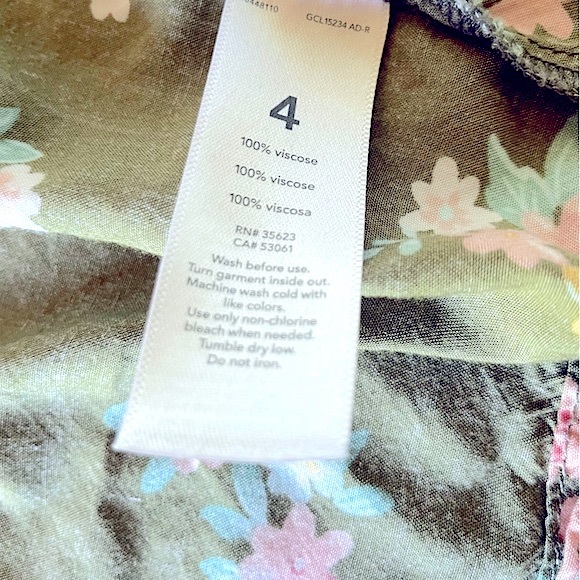 4 Flowy Viscose Woven Ruffle Hem Button-Up Blouse, Green w Pink Ditsy Floral - Picture 7 of 7